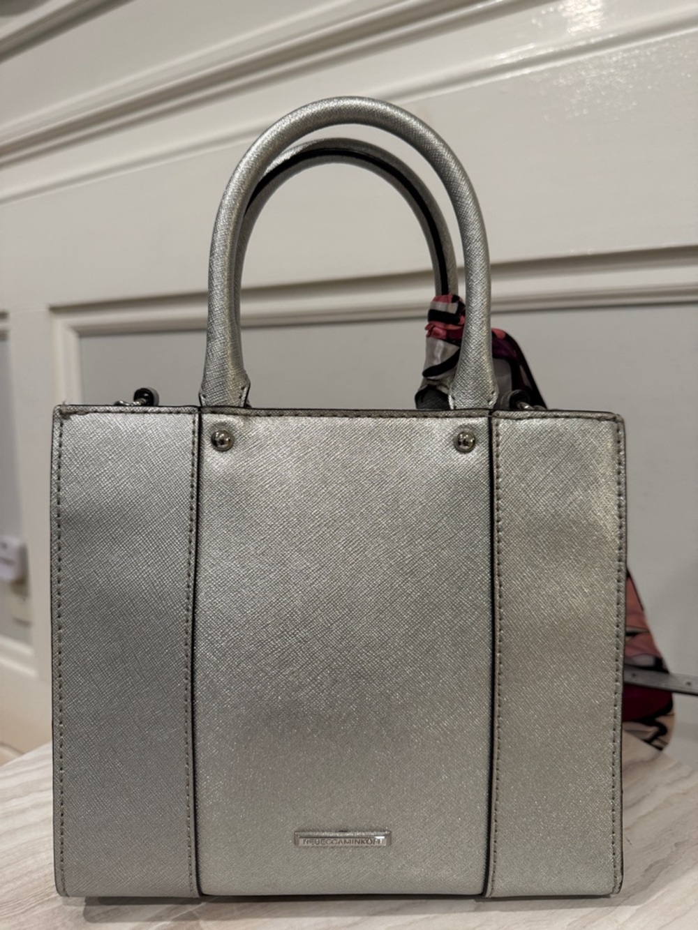 Rebecca Minkoff Mini Tote M.A.B. Silver Saffiano Leather Crossbody - Picture 7 of 17